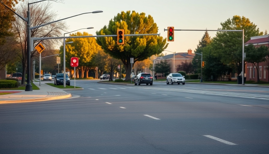 Recently paved street in San Bernardino with traffic lights.