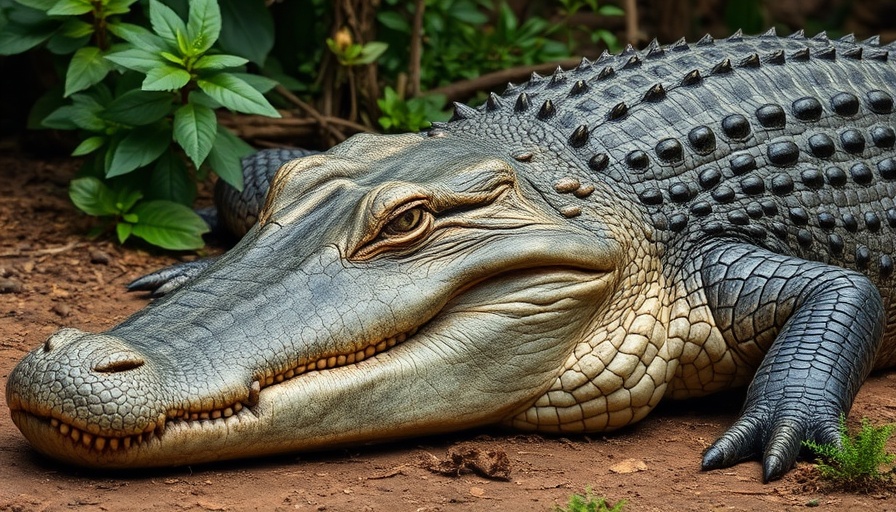 Large crocodile resting with textured skin, sharp teeth visible.