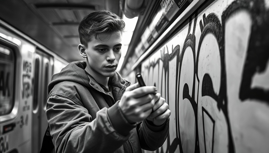Vintage photo of artist at Graffiti Movement Exhibition in subway.