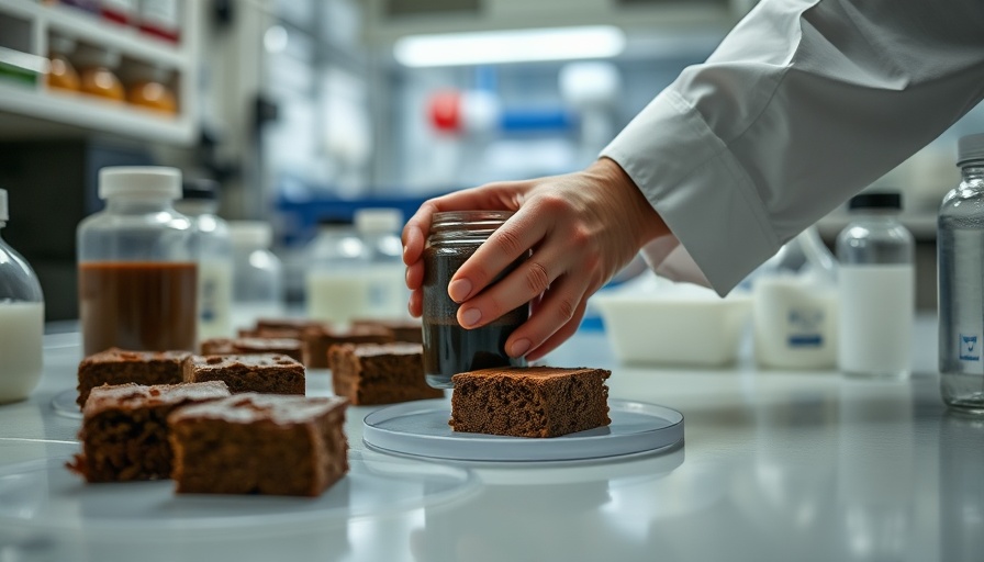 Hands analyzing sodium content in chocolate cake slices in a lab setting.