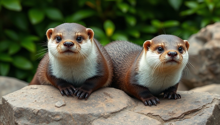 Two otters resting on rocks in lush green background.