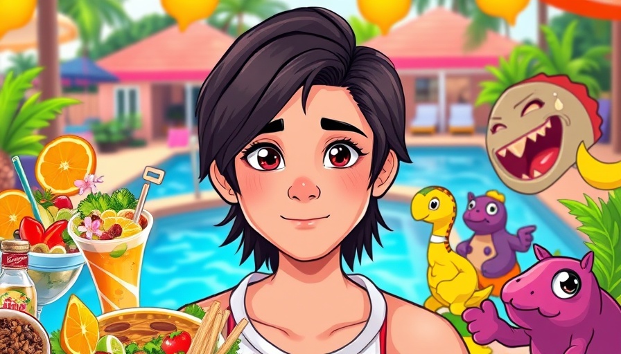Vibrant cartoon of a person at Fire Island with playful food elements and poolside.