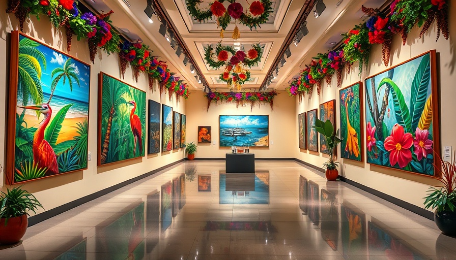 Vivid art gallery at The Frank’s Summer Exhibition Series with tropical-themed paintings.