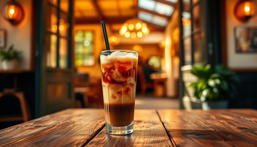 Close-up of the best iced coffee on a wooden table in a cafe.