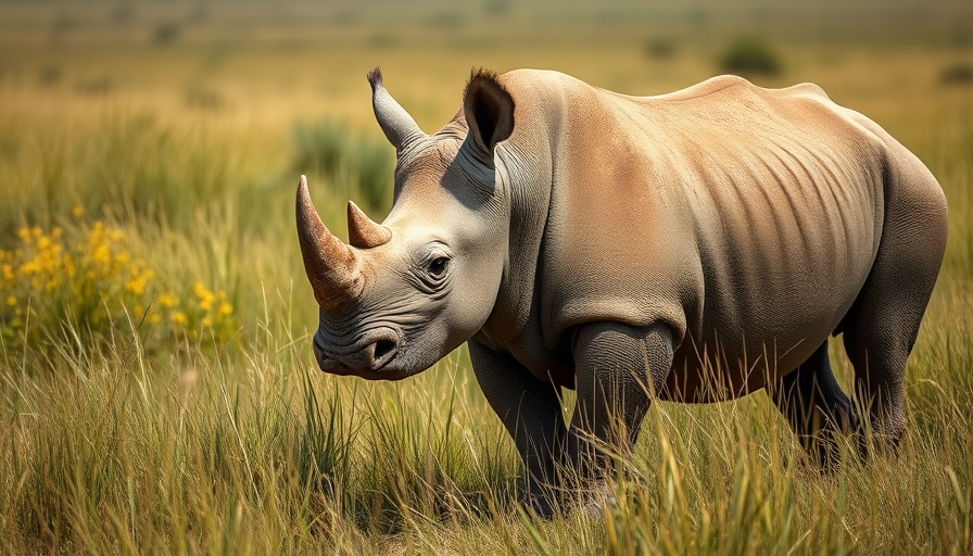 Rhino in South African grassland, alert stance.