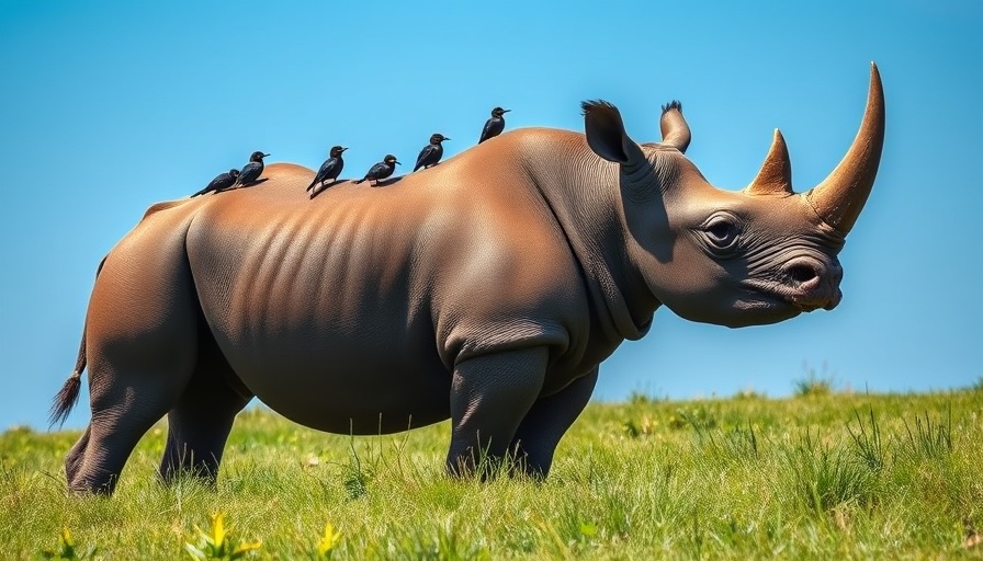 Black rhinoceros grazing in grassland with birds, highlighting more than 10,000 species at risk.