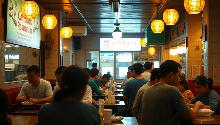 Vibrant Cambodian restaurant in Crown Heights with patrons and colorful decor.