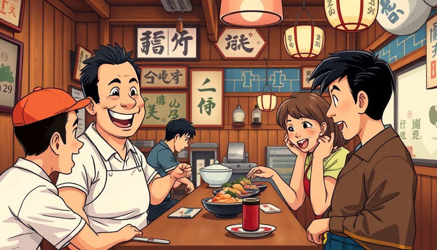 Vintage-style cartoon of sushi chef and patrons in Hori Izakaya NYC.