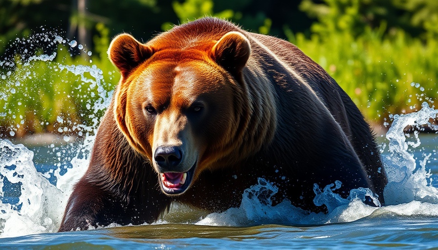 Grizzly bear splashing through river in forest, daylight.