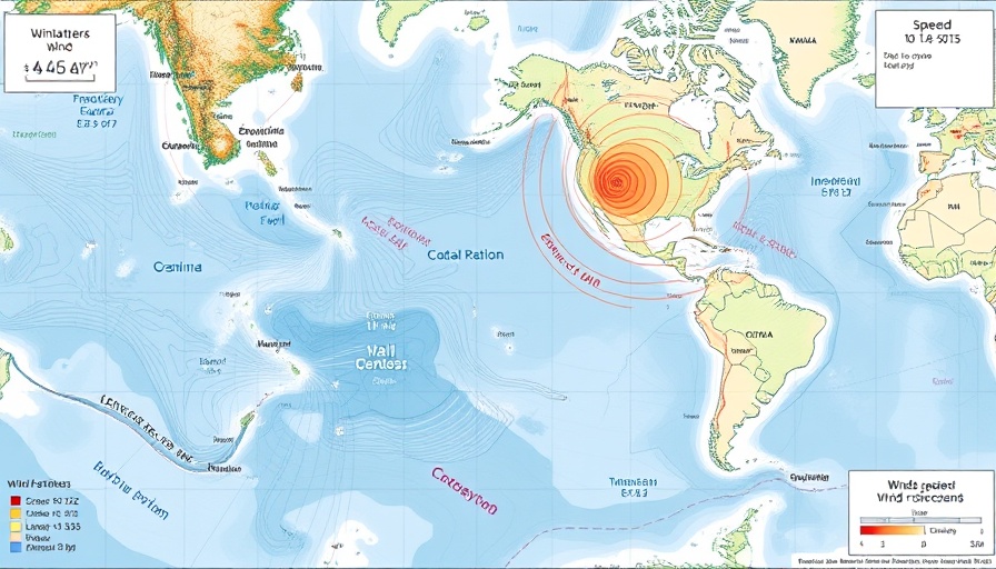 Map showing coastal winds impacting climate with speed indicators.