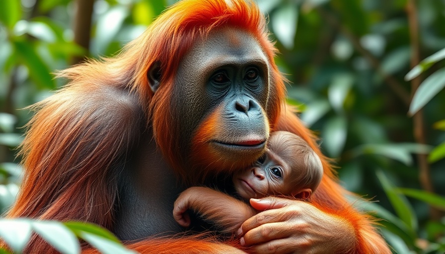 Adult orangutan holding baby in rainforest, illustrating habitat conservation.