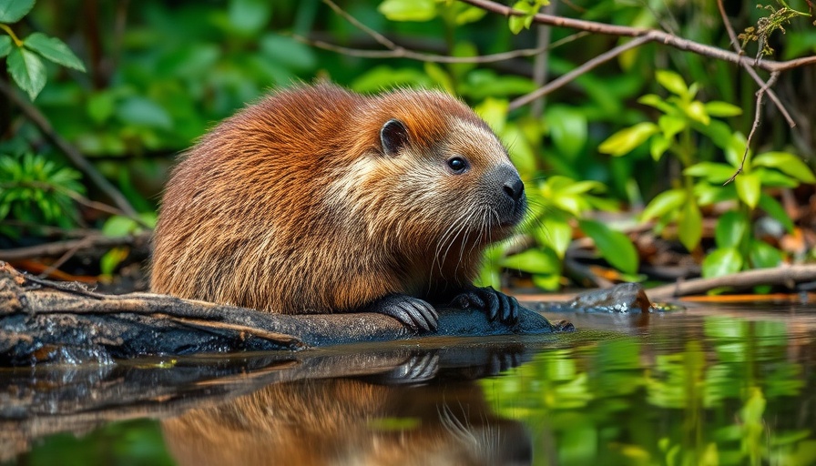 Beaver by water's edge in lush greenery in the Netherlands