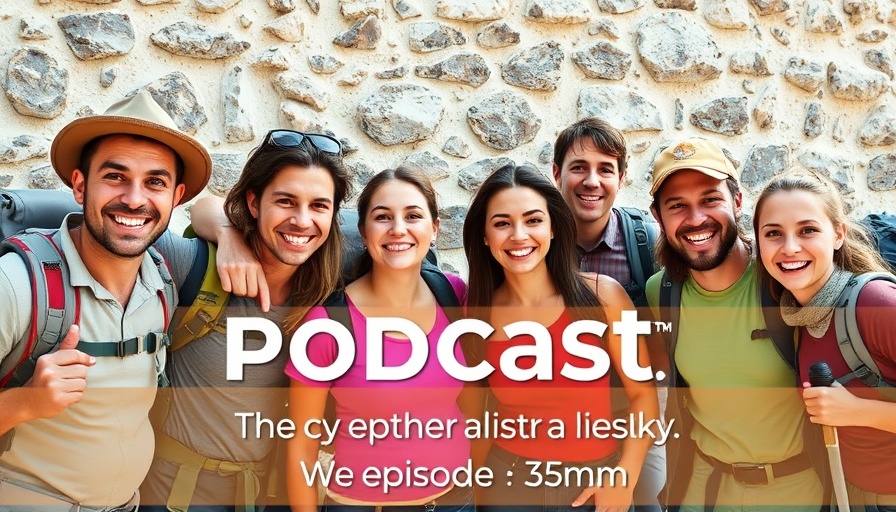 Group of hikers smiling on the Camino, podcast graphic overlay.