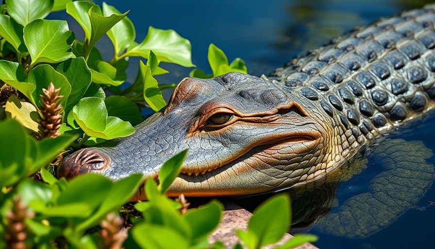 Florida Alligator by water edge in vibrant vegetation.