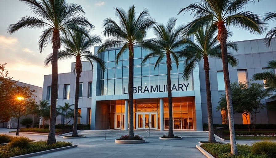 Exterior of Feldheym Library, palm trees in forefront, Free Legal Advice at Feldheym Library