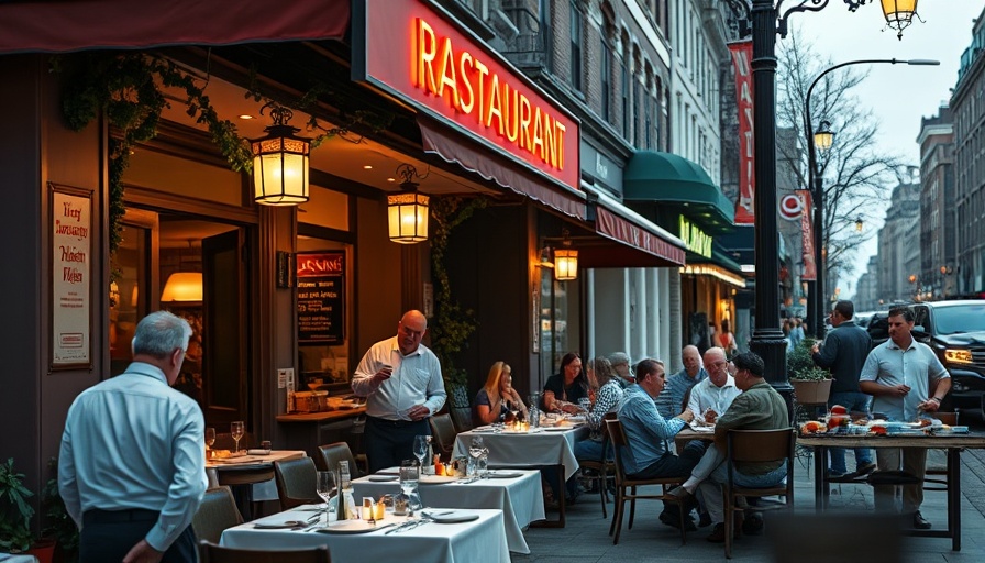 NYC new restaurant scene with chef and patrons outside.