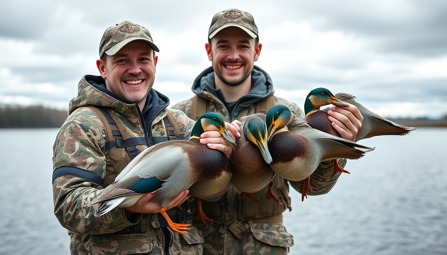 Young hunter holding ducks by the lake, raffling ducks and geese for hunting.
