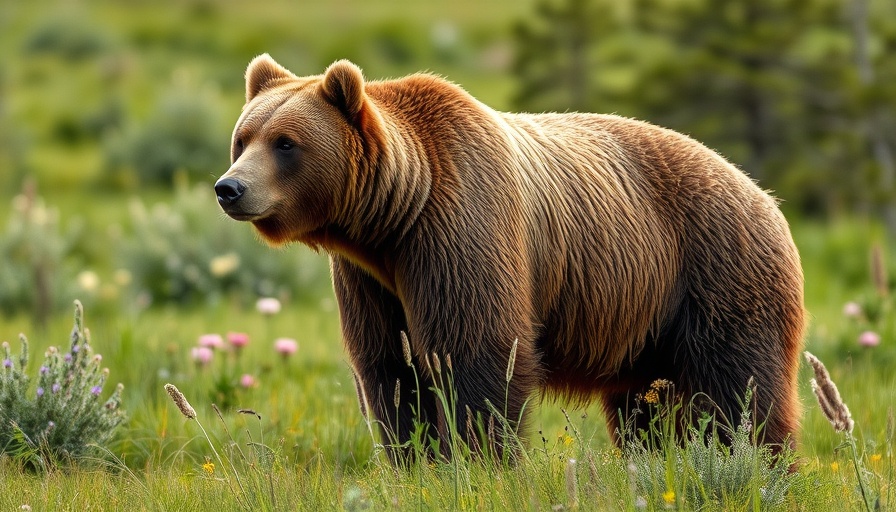 Brown bear standing alert in meadow showcasing bear attack safety.