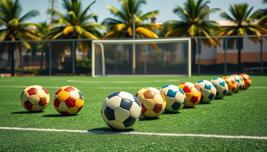 Soccer balls on Lytle Creek Park futsal court under bright sun.