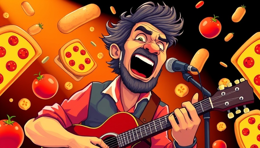 Stylized musician with guitar surrounded by food items, vibrant illustration of food culture.