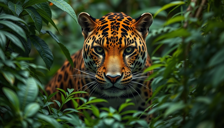 Jaguar peeking through dense Pantanal foliage, symbolizing Pantanal ecotourism impact on jaguars.