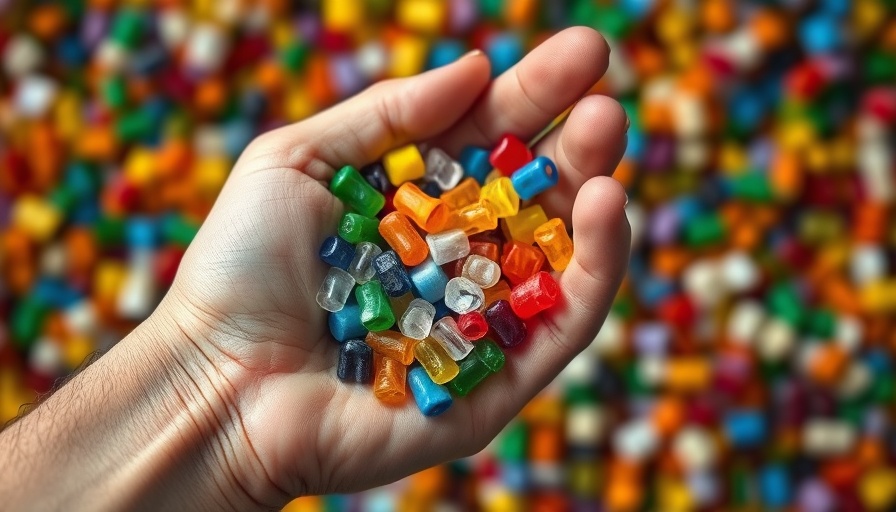 Hand holding colorful recycled plastic pellets for SkinMedica Sustainable Packaging.