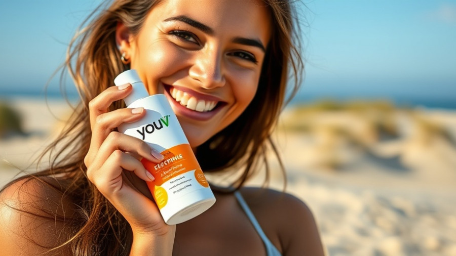 Woman showcasing YouV sunscreen technology at the beach.