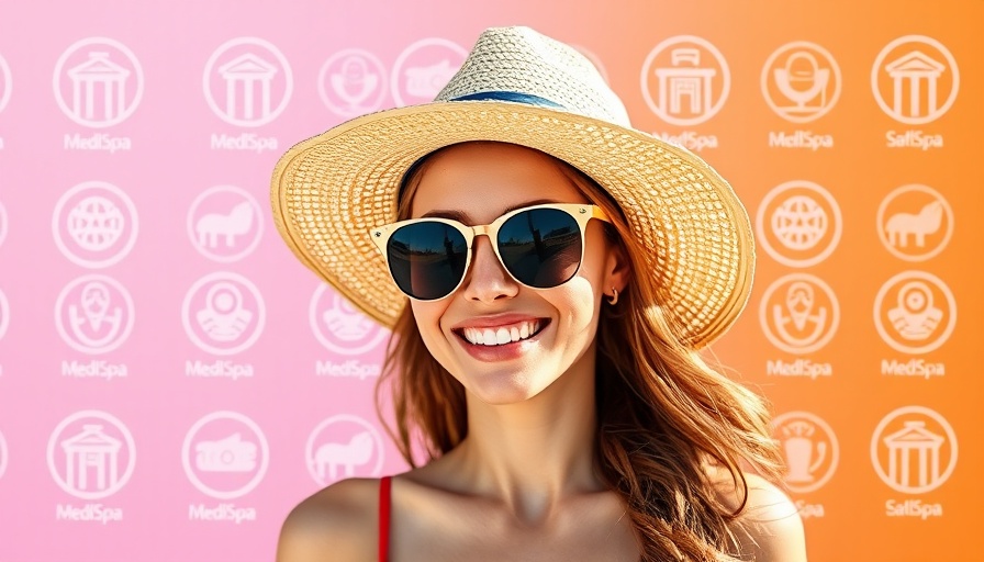 Smiling woman enjoying MediSpa summer travel with vibrant icons.