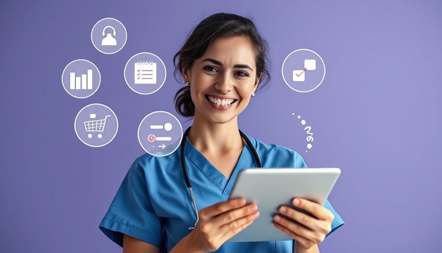 Zenoti alternatives: Woman in scrubs with tablet and digital icons.