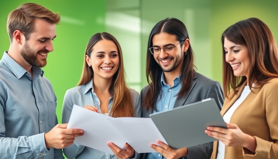 Smiling young professionals discussing financial management documents.