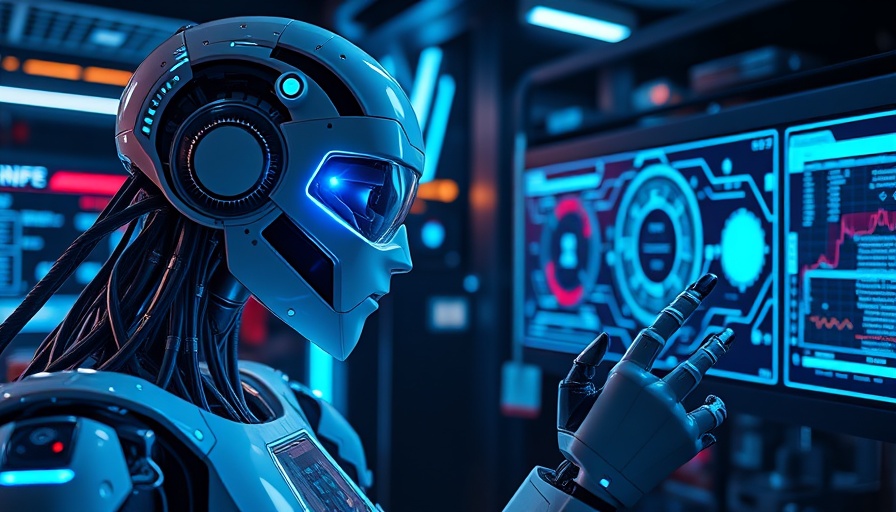 Futuristic robot with digital data interface in neon blue lighting.