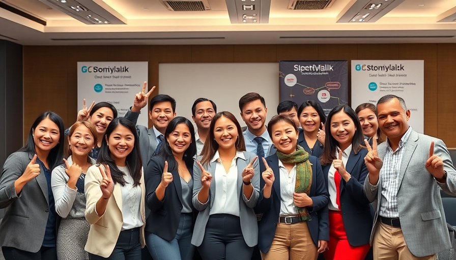 Diverse team celebrating client acquisition success at a conference.
