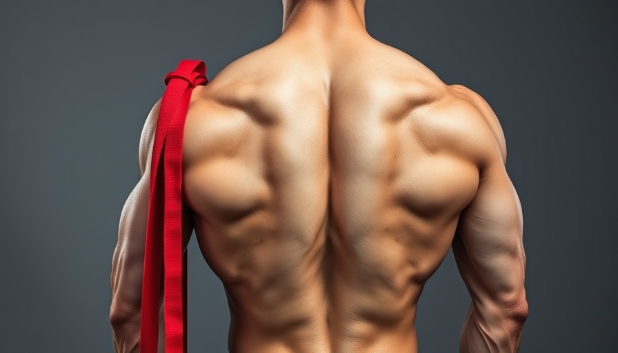 Muscular man with resistance band demonstrating fitness. EmSculpt NEO