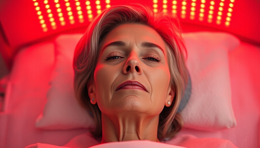 Mature woman enjoys red light therapy in a warm spa setting.