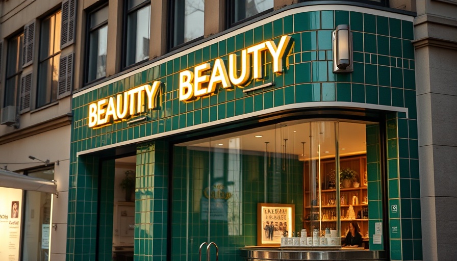 Elegant biotech beauty facade with green tiles and neon sign.