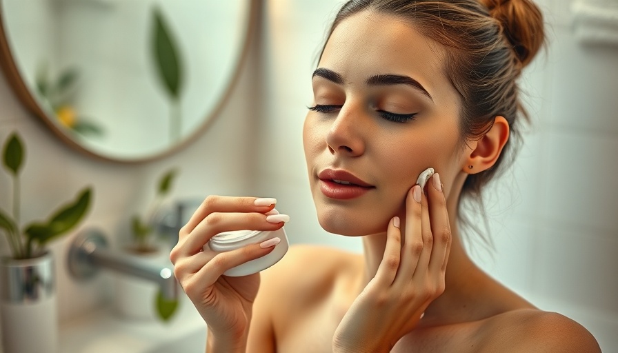 Woman demonstrating skincare routines in a cozy bathroom setting.