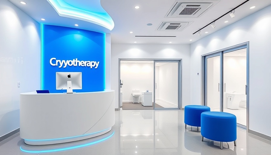 Modern cryotherapy studio, sleek design, blue accents, reception desk.