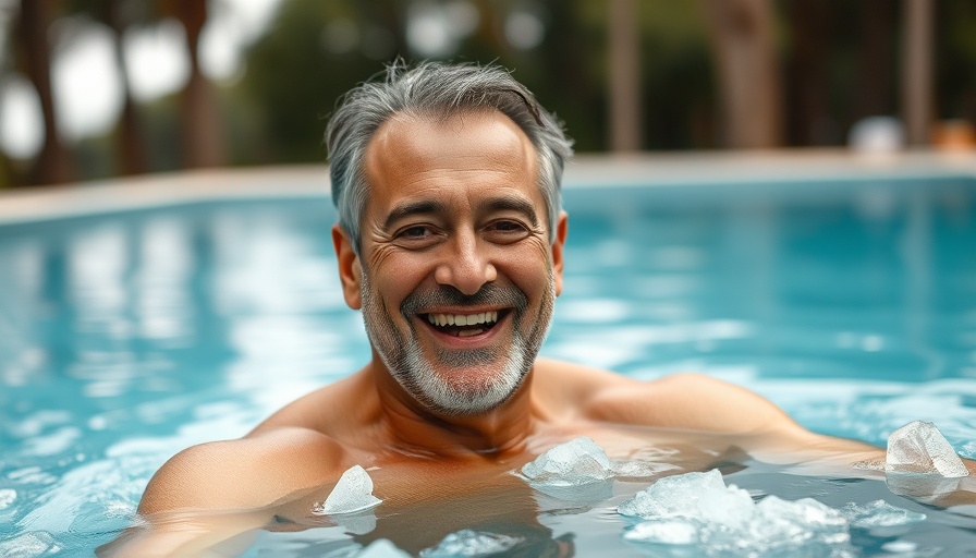 Man in ice bath poolside, highlighting muscle recovery methods.