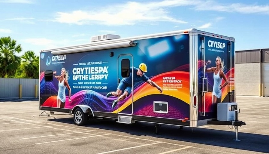 Mobile med spa trailer with sports imagery and cryotherapy services.
