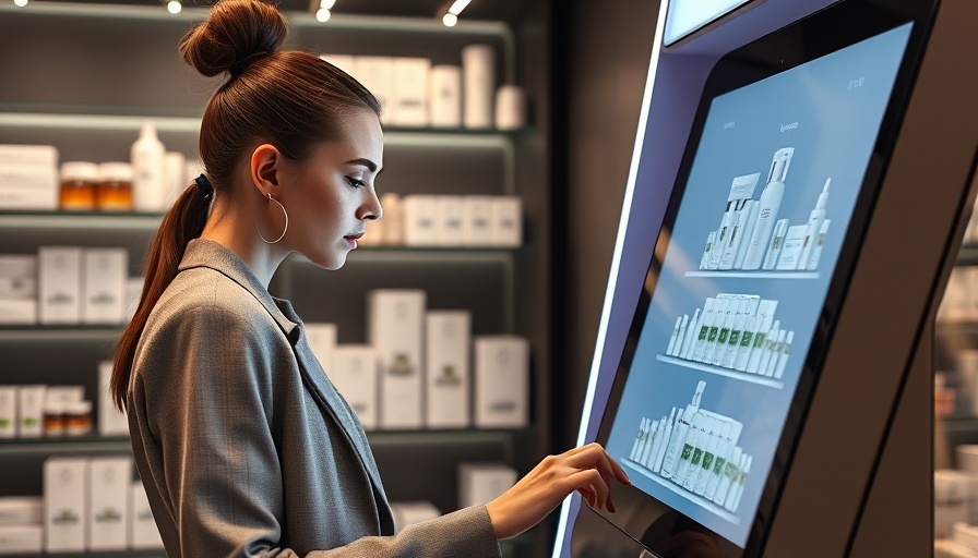 Woman using Lumini Beauty Kiosk in skincare store.