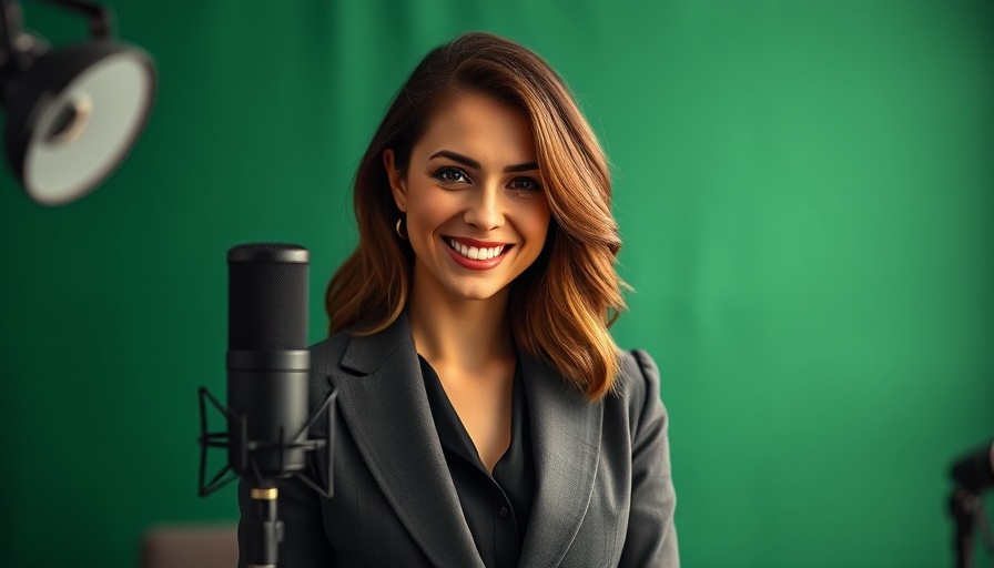 Confident woman promoting podcast, menopause care focus.