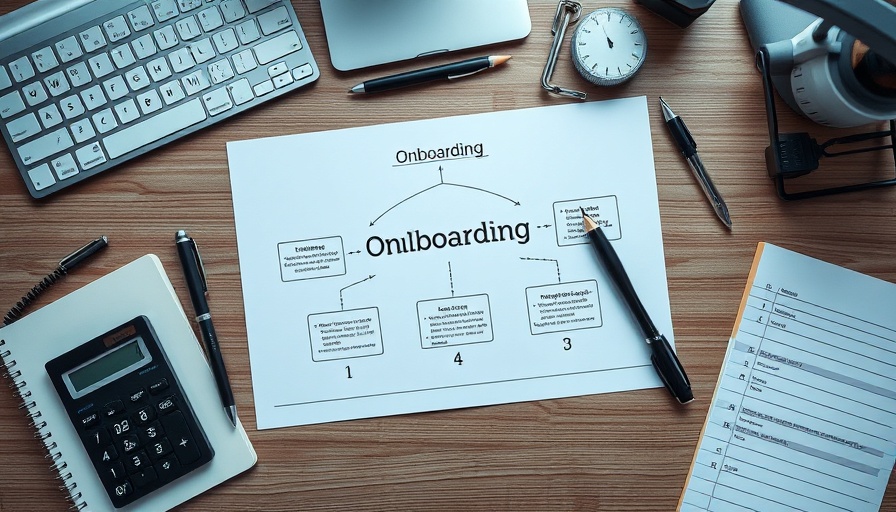 Office desk with staff onboarding diagram and supplies.