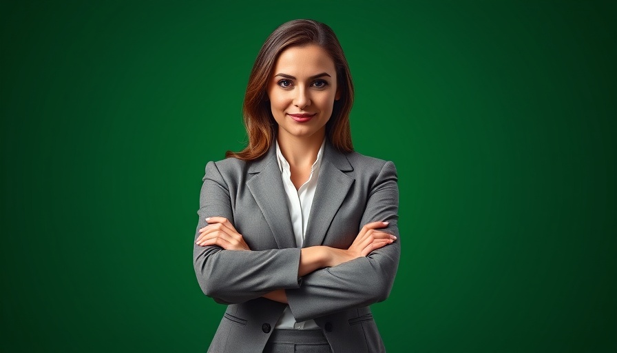 Confident woman promoting podcast, green background.