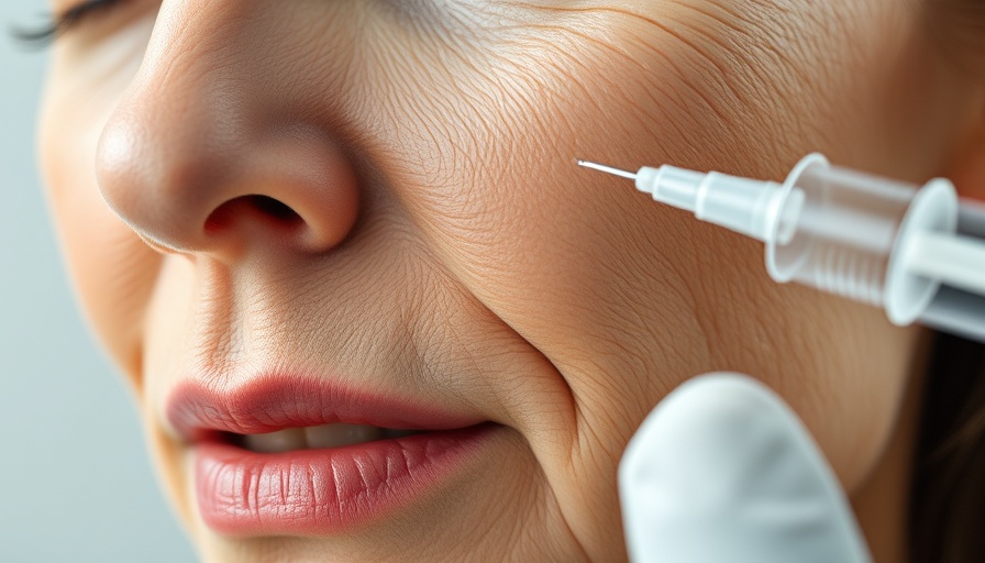 Close-up of a mature woman's face with injection indicating facial volume loss treatment.