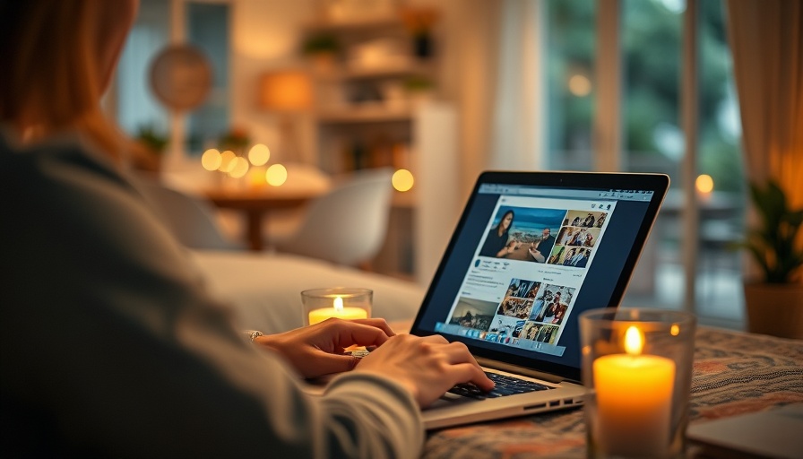 Person using laptop for med spa social media strategies in a candle-lit setting.