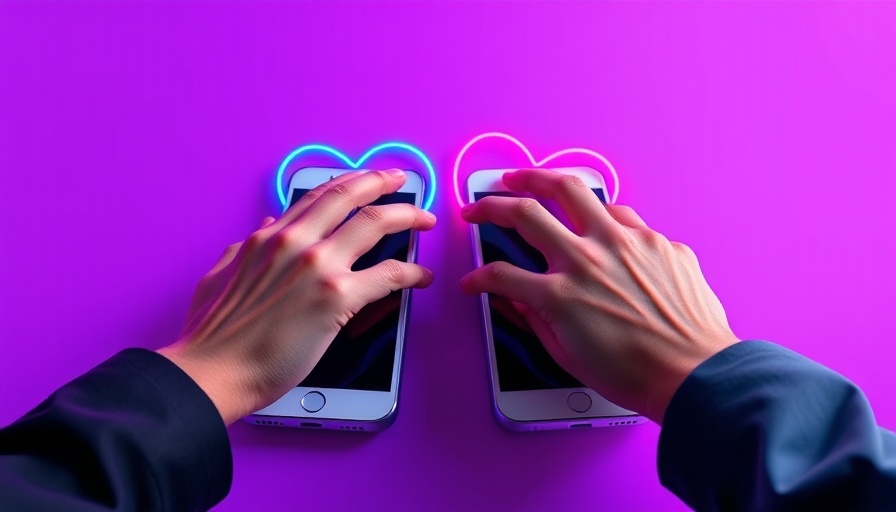 Hands reaching through phones on dating apps, symbolizing connection.