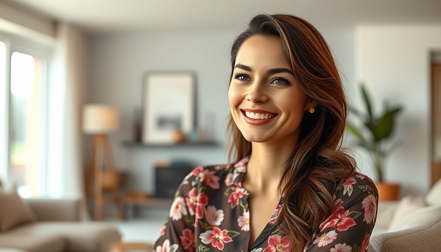 Elegant woman in floral blouse showcasing gemstone energy for skin rejuvenation.