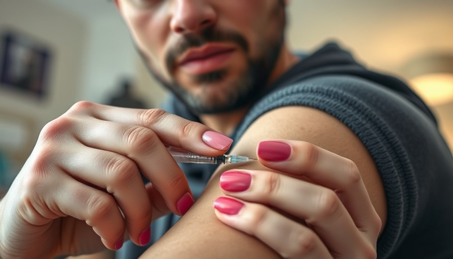 Person injecting GLP-1 medication into arm with colorful nails.