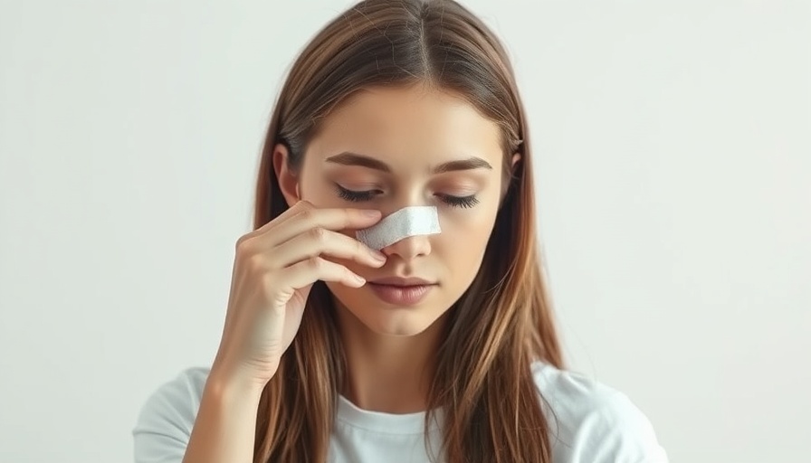 Young woman touching nose bandage in studio, Barbie nose demand rhinoplasty