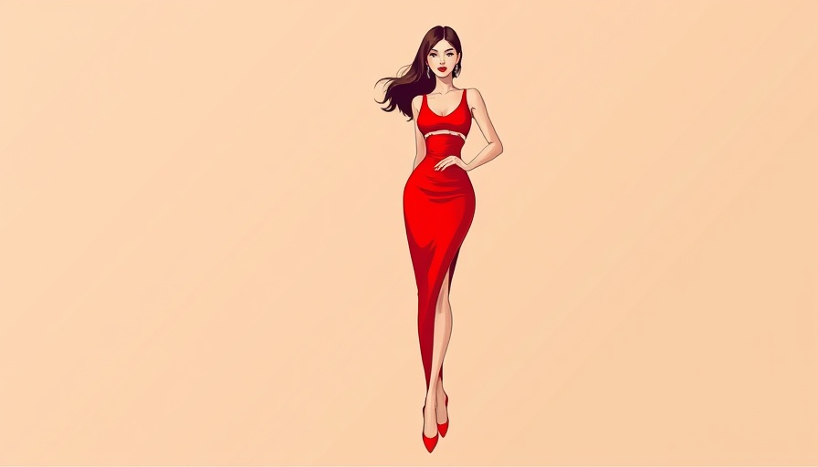 Stylish woman in a red dress illustration, fashion-forward pose.